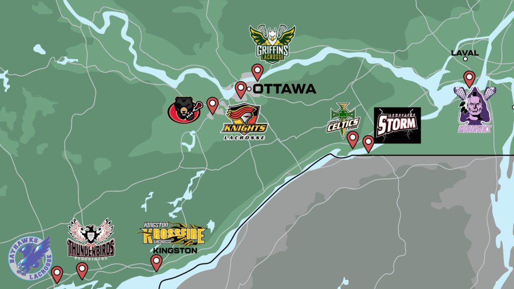 Map of Ontario Lacrosse Association Zone 5 Minor Lacrosse Clubs