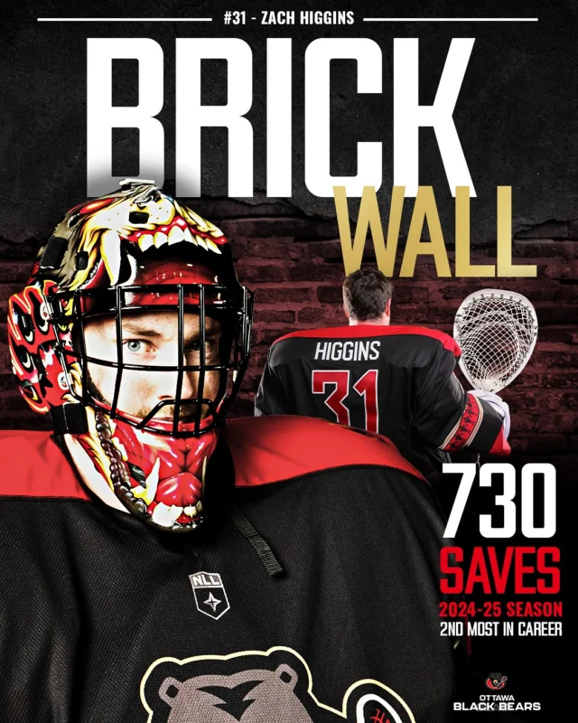 The man between the pipes 😤 @tendybear31 

Zach Higgins — aka the Tendy Bear — stood on his head all season long for the Black Bears! Ottawa loves you, #31. 🐾

@ottblackbears @nll